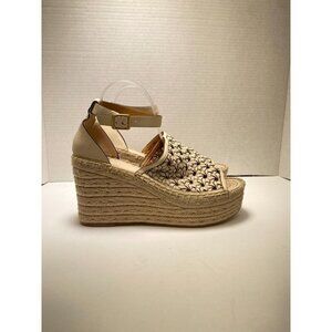 Tory Burch Basketweave Espadrille Almond Flour Wedge Platform Sandal  Sz 10